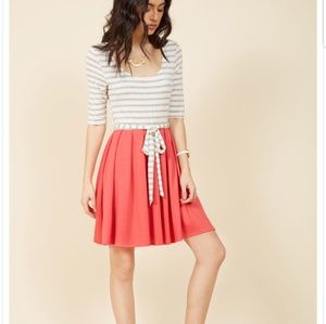 Modcloth white and grey stripe and coral dress